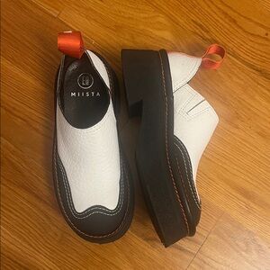 Miista Black and White Loafers with Red Accent